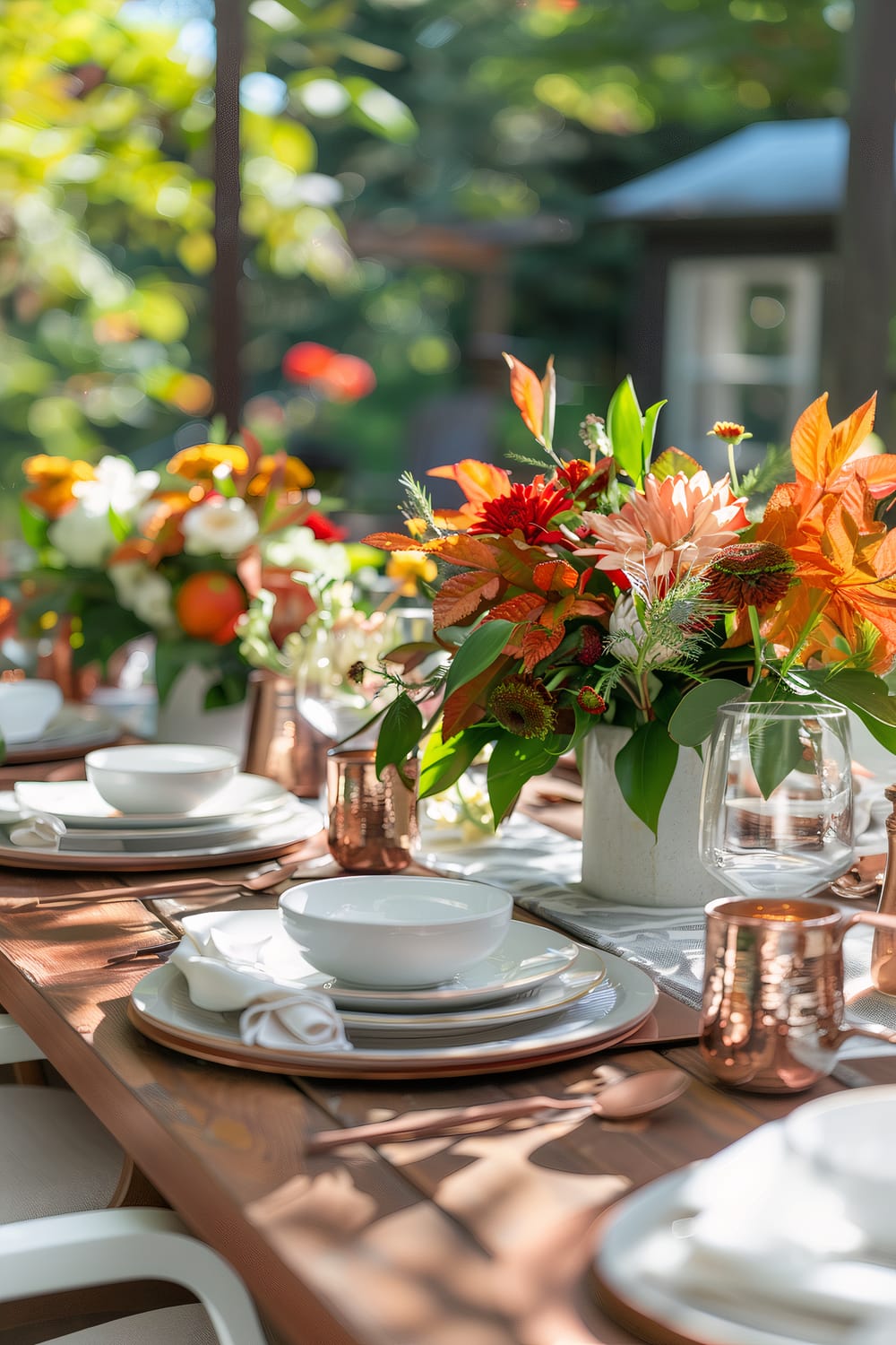 A sunlit outdoor dining table is elegantly set with white bowls and plates atop wooden surfaces. Vibrant floral arrangements in colors of orange, red, and white adorn the table, adding to the warm and inviting atmosphere. Copper cups and utensils complement the tasteful decor, with greenery visible in the background.