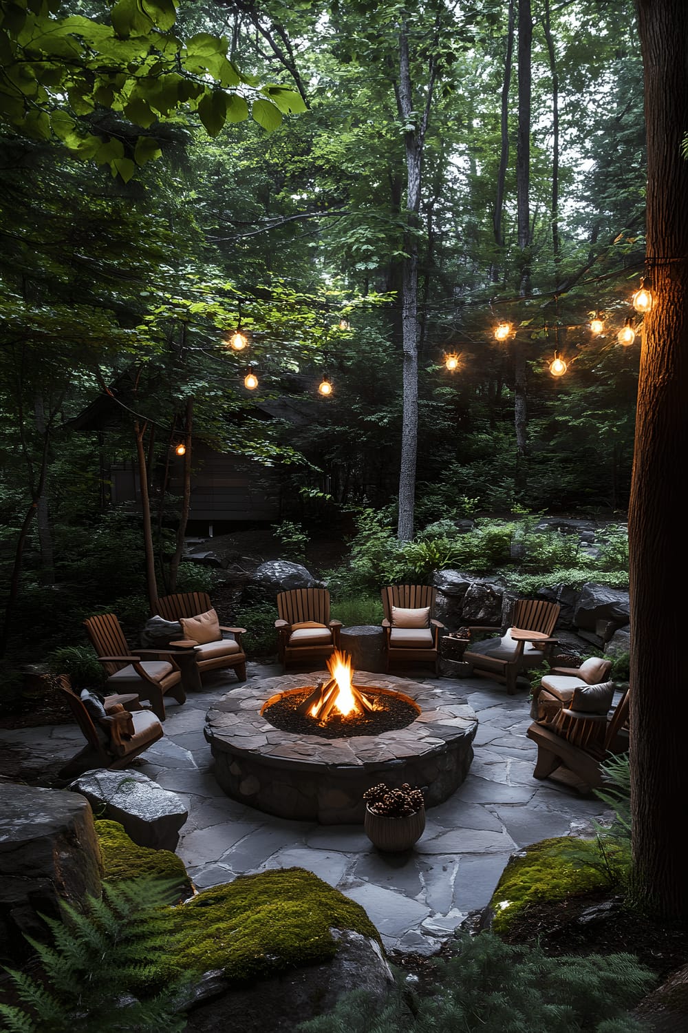 A secluded patio located in a tranquil woodland clearing. The patio features a circular seating arrangement with cushioned wooden chairs surrounding a stone fire pit that is crackling with warm fire. The patio is adorned with moss-covered stones and scattered pinecones, enhancing the natural outdoor vibe. The scene is romantically lit by a group of floating, solar-powered orbs that cast a soft light over the seating area.