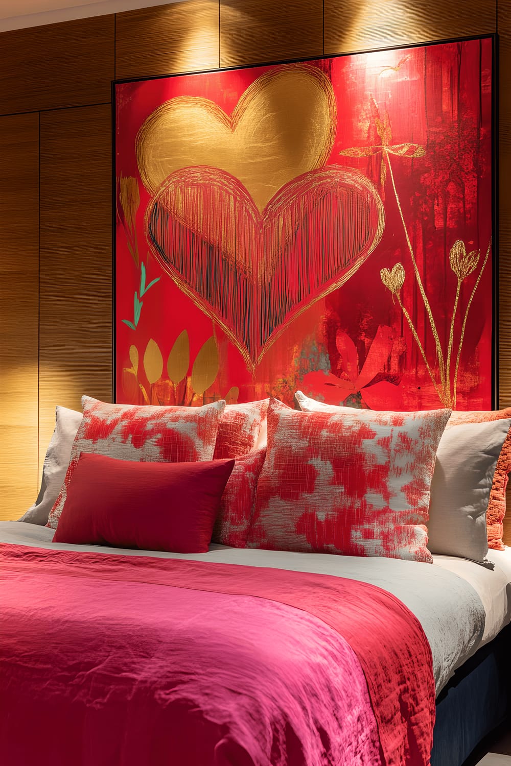 A modern bedroom featuring a prominent wall adorned with a large, vibrant abstract painting in hues of red, pink, and gold. The painting displays interconnected hearts and floral designs. The bed is made up with bold-colored linens and simplistic pillows that coordinate with the artwork. Gentle spotlights shine on the painting, causing the colors to stand out and add depth to the space. The room amalgamates the intensity of the artwork and the striking lighting, creating a visually captivating and romantic setting.