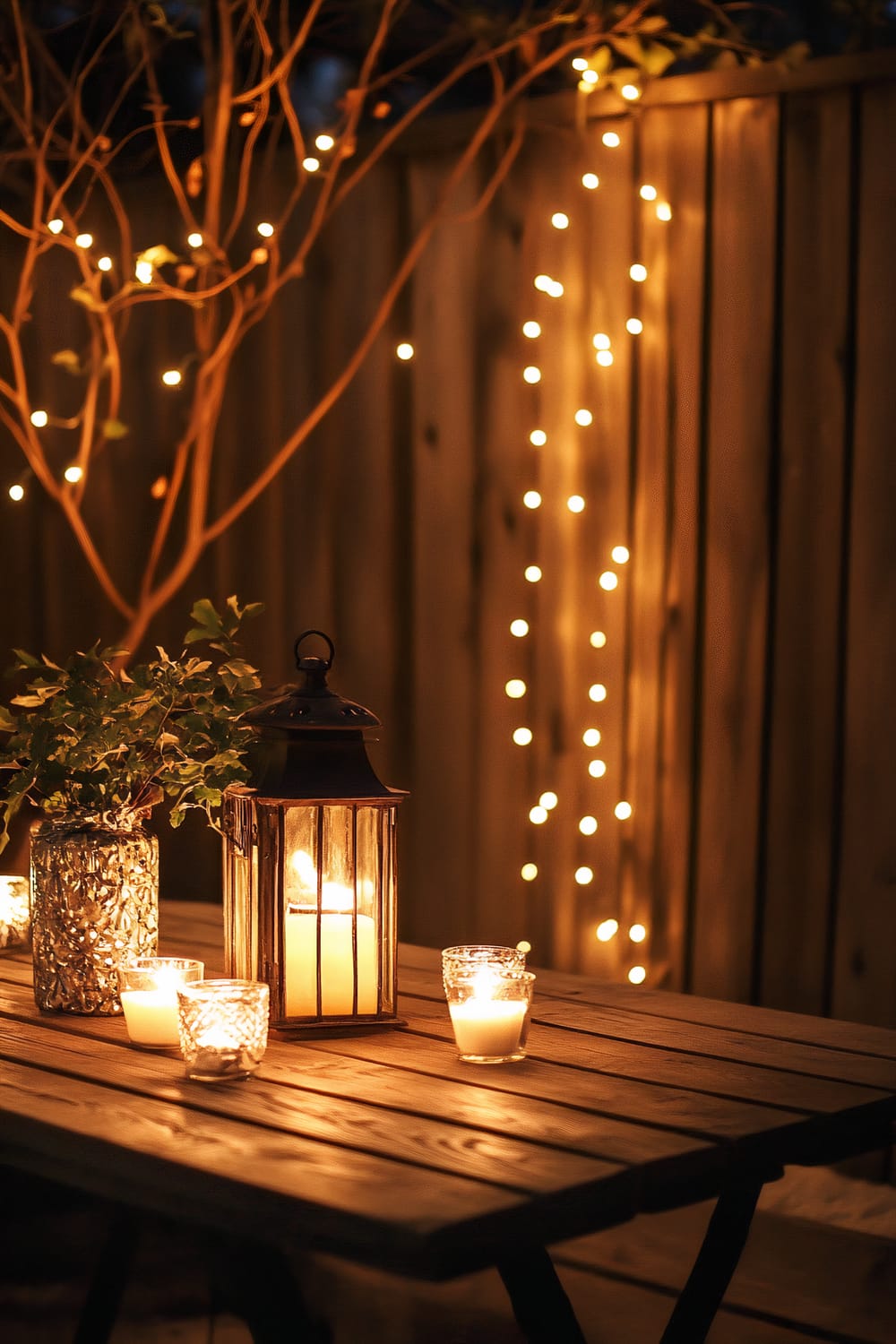 A wooden table with candles and a potted plant, set in an outdoor space. A lantern with a candle inside is placed centrally on the table, surrounded by smaller candles in glass holders. The background features a wooden fence adorned with string lights, creating a warm and inviting atmosphere. Bare branches add a natural touch to the setting.