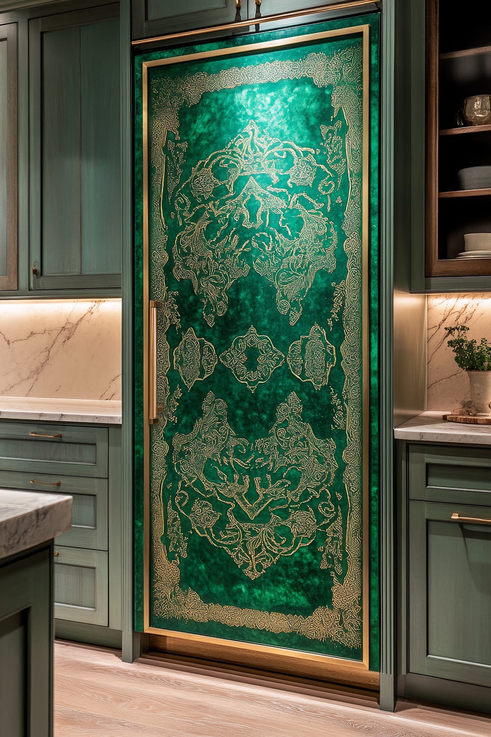 A single kitchen cabinet door with a vibrant emerald green and gold intricate pattern, set within a neutral-toned kitchen featuring polished marble countertops, wooden cabinetry, and delicate accent lighting highlighting the cabinet's detailed design.