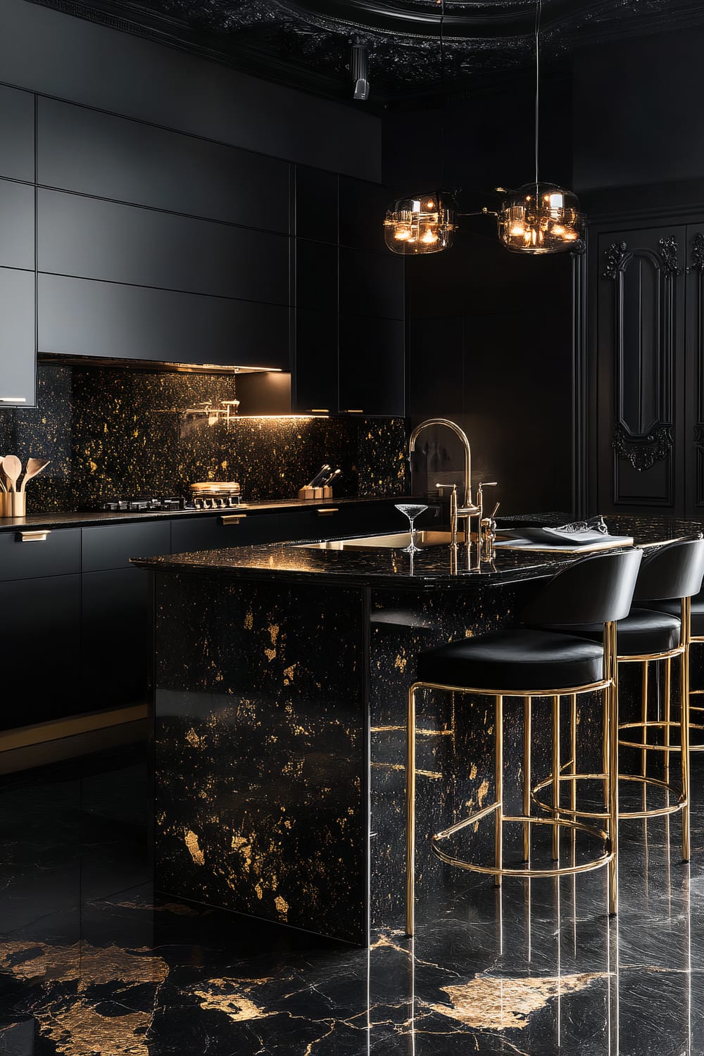 A luxurious kitchen interior dominated by black and gold tones. The cabinets and walls are black with a matte finish, while the countertops, island, and backsplash feature a striking black and gold marbled effect. A pair of modern pendant lights hang over the island, providing warm illumination. The kitchen island has a built-in sink and is accompanied by stylish bar stools with black seats and golden legs. The floor continues the black and gold marbled theme, and the overall aesthetic exudes sophistication and opulence.