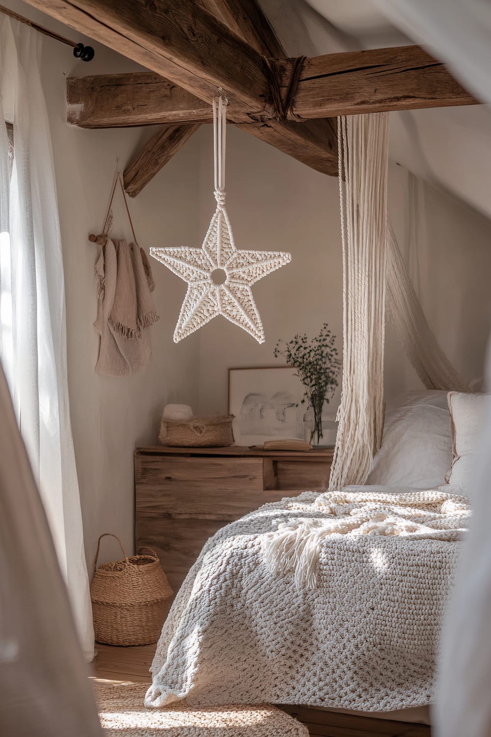 A bedroom with a bohemian style features a handcrafted white macramé star ornament hanging from a wooden beam. The room has a light and airy feel with natural daylight streaming in. A wooden side table holds wicker baskets, a plant, and framed artwork. The bed is covered with a textured, cream-colored throw blanket and pillows. A wicker basket sits on the wooden floor near the bed.