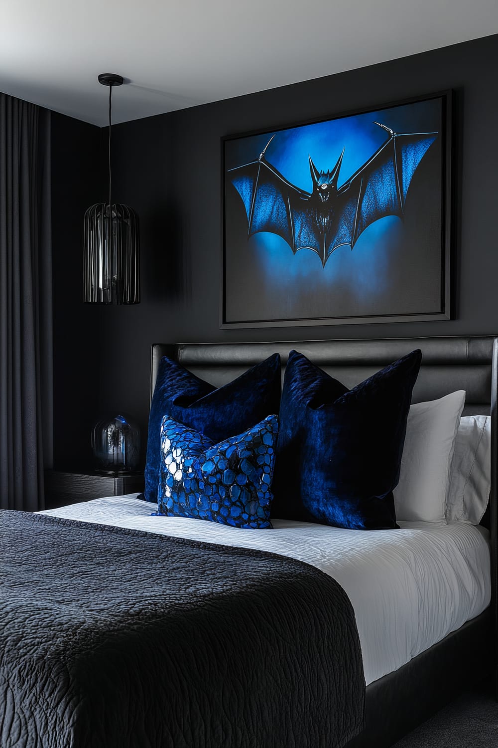 A contemporary bedroom showcases a Halloween-themed design. The focal point is an abstract bat art piece with vibrant black and electric blue colors. The artwork is accentuated by strategic lighting. The bed is dressed in black and white bedding, complemented by deep blue textured throw pillows. Minimalist furniture, including a black side table and pendant light, enhances the modern aesthetic.