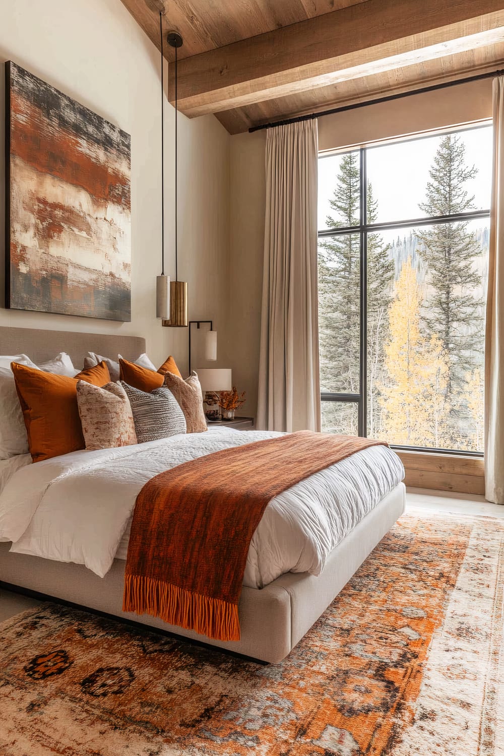 A luxurious bedroom featuring a beige bed flaunting a white duvet, adorned with a burnt orange throw blanket, and an array of pillows in neutral and warm tones. A striking abstract painting with earthy hues crowns the headboard. On the left, modern pendant lights in brass and cream dangle adjacent to the bed. The room is framed by a large window revealing an autumnal forest scene, accentuated by cream curtains flowing from the wooden beamed ceiling. Below, an ornamental rug with similar earthy and orange tones complements the color palette.