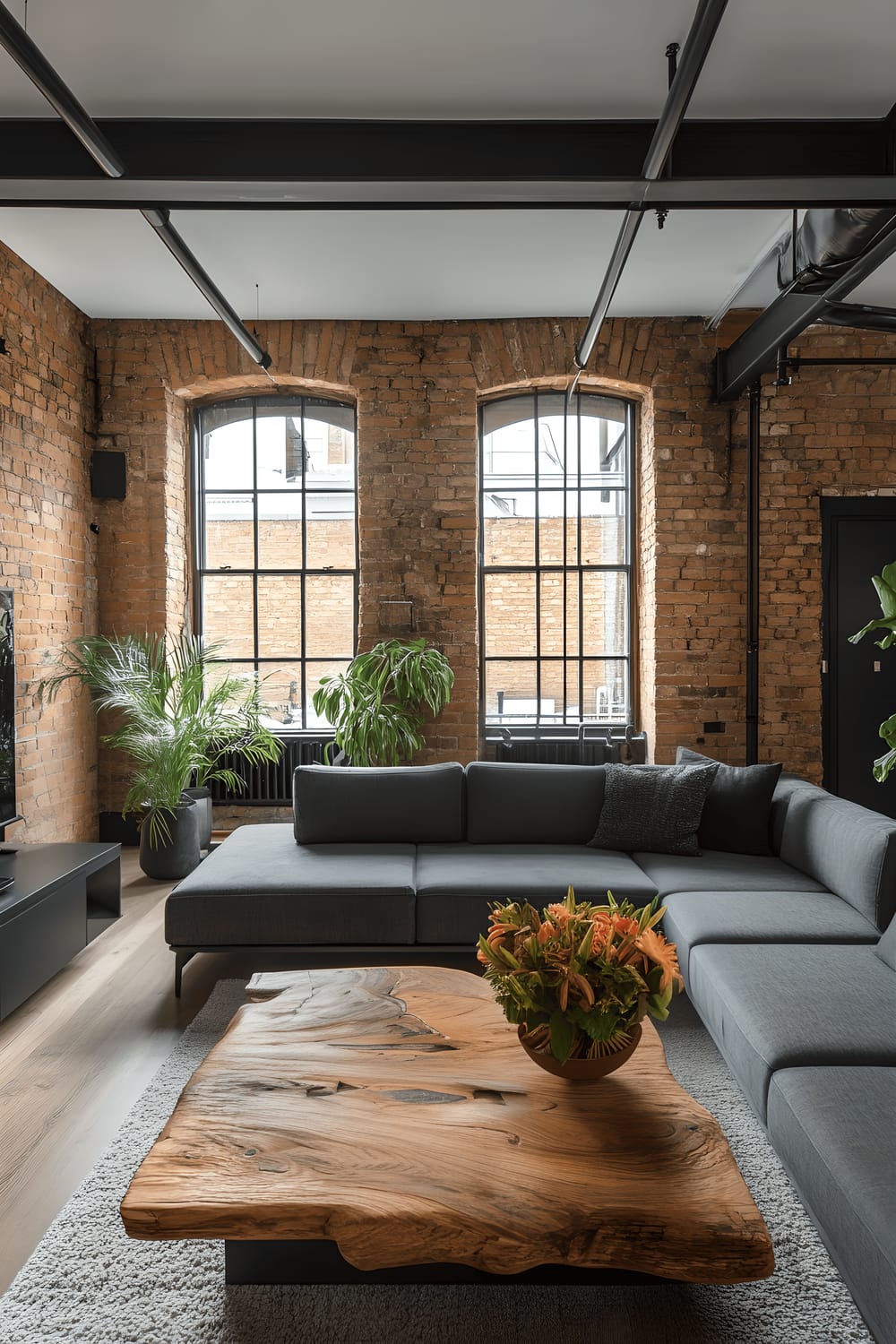 An aesthetically modern Shoreditch loft flaunting exposed brick walls and black metal beams. The space showcases a sleek gray sectional sofa strategically placed opposite a minimalist black media console. Deft touches of industrial style come through in pendant lights illuminating a reclaimed wooden coffee table. Large floor-to-ceiling windows allow natural light to bathe the loft, underscoring an edgy, contemporary look.