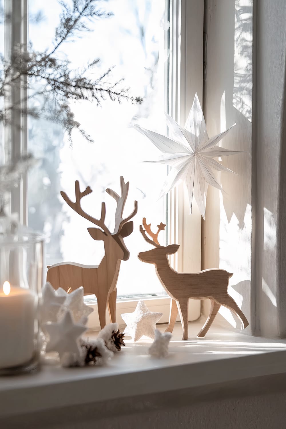 A windowsill decorated with wooden reindeer figures, a large paper star, and various star and pine cone decorations. A lit candle in a glass jar is also part of the arrangement. Outside the window, snow-covered branches are visible.