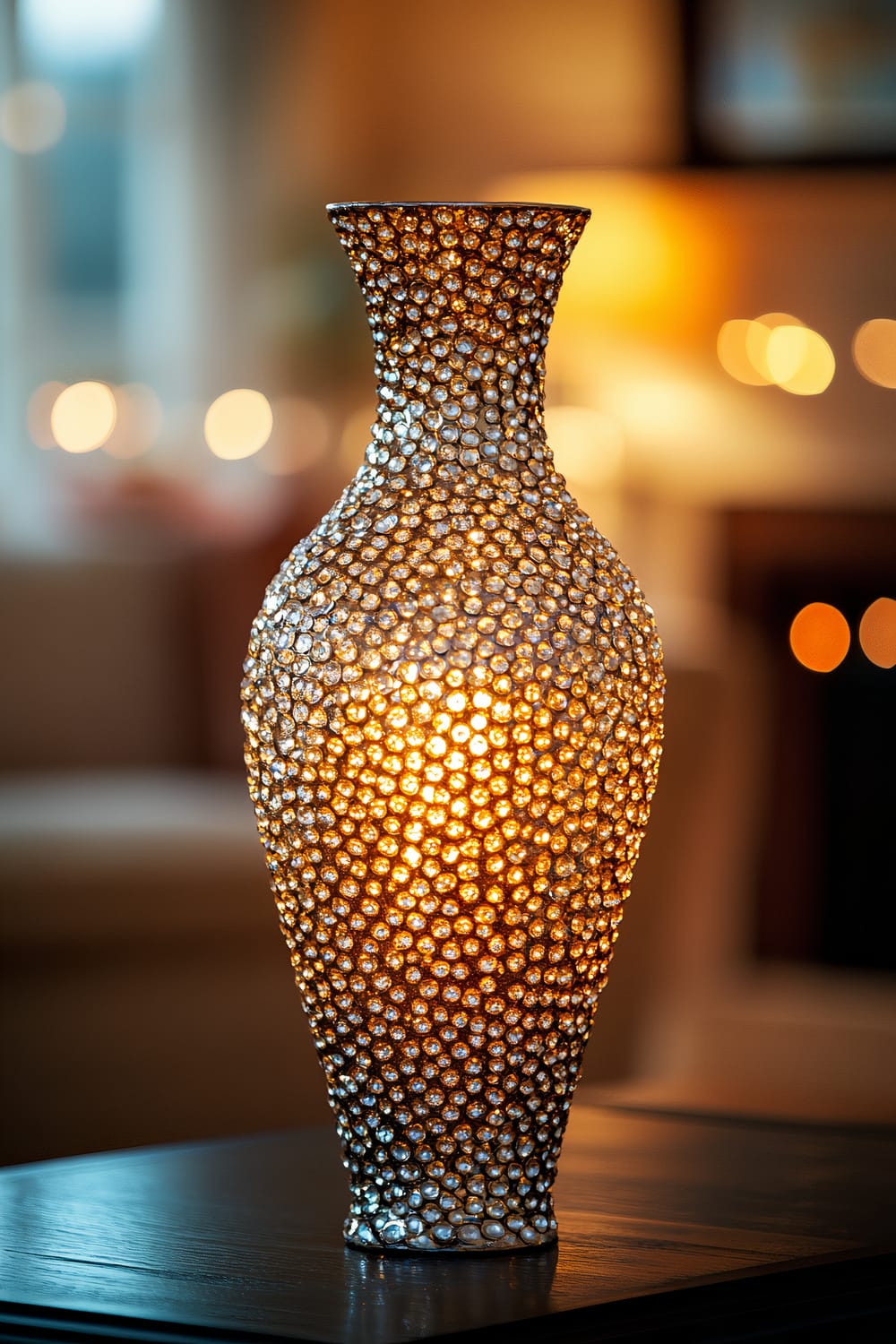 A tall, elegant vase completely covered in shimmering beads of gold and silver stands on a dark wooden table. The background is warm-toned and blurred, creating a cozy and inviting atmosphere.