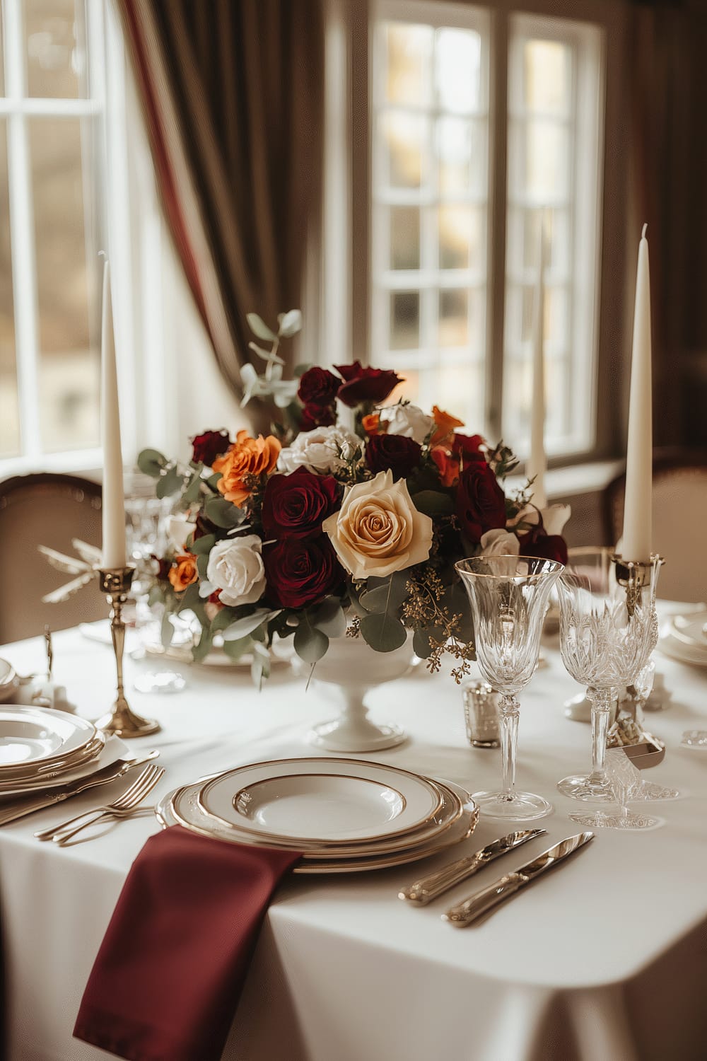 A beautifully set table with a white cloth, gold-rimmed china, crystal glassware, and a vibrant floral centerpiece. The centerpiece features roses in shades of red, white, and orange. Tall white taper candles in gold holders flank the arrangement. Maroon napkins add a splash of color.