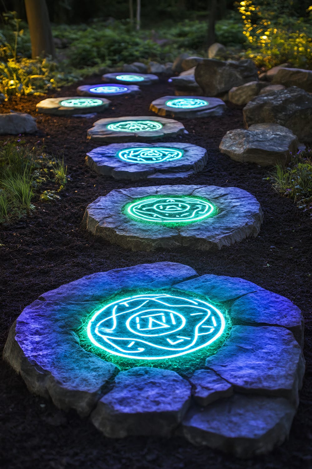 An outdoor stone pathway adorned with circular stones that have glowing, rune-like symbols in blue and green. The stones are spaced evenly, leading into a dark garden landscape with minimal vegetation and prominent rocks. The glowing runes on each stone illuminate the area with a mystical light, casting shadows on the dark soil.