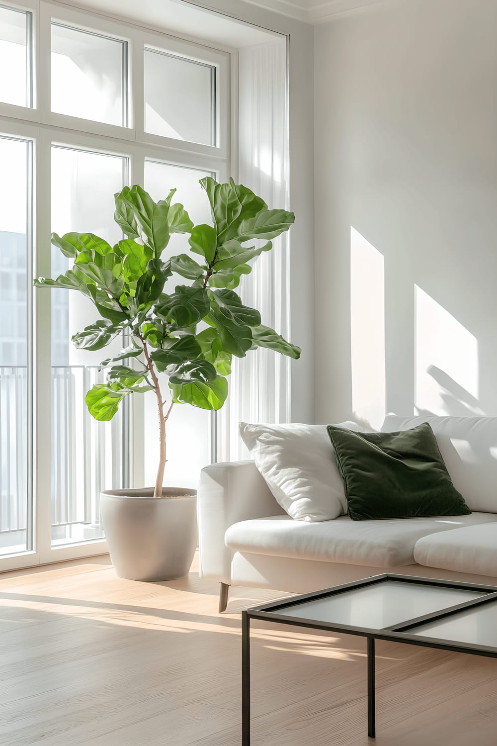 A low-angle view of a minimalist-style apartment living room. Important features of the room include a sleek white sofa, a shiny metallic coffee table, and a large potted fiddle leaf fig tree placed near a floor-to-ceiling window that fills the room with soft natural light. The room shows a balance between green and white, which constitutes the dominant colour scheme of the space.