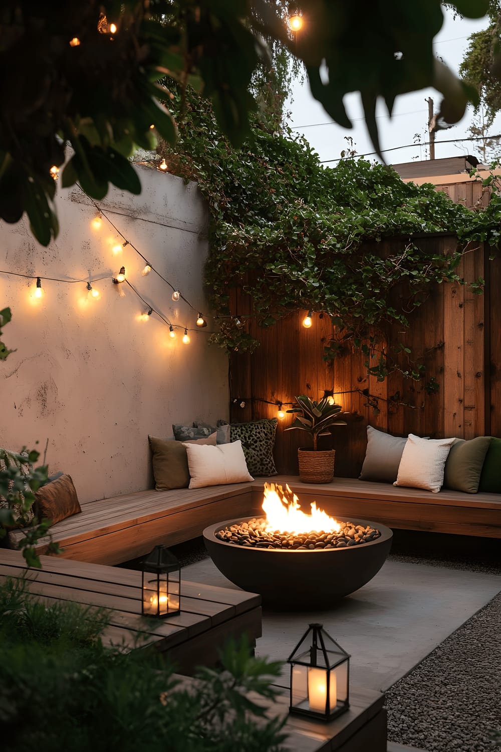 A small, modern backyard in the evening featuring built-in wooden seating arranged in a semi-circle around a fire bowl centerpiece. A soft glow emanates from lanterns scattered throughout the area, contributing to a serene and warming atmosphere.