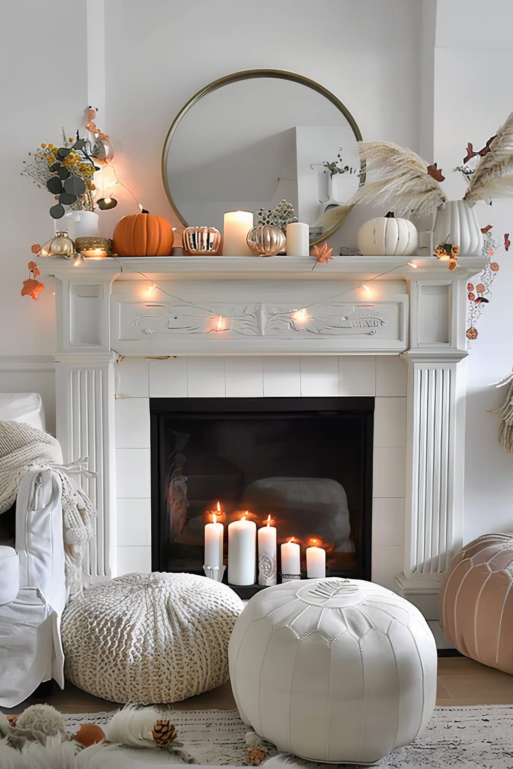 This image features a tastefully decorated living room fireplace mantel, adorned with an array of decorative items for fall. The mantel itself is white and ornate, with a large round mirror centrally mounted above it. Varied pumpkins in oranges and whites, candles, and soft glowing fairy lights further enhance the autumnal ambiance. On either side of the mantel, there are white vases with dried floral arrangements. Below the mantel, inside the fireplace, several lit candles provide a warm and inviting glow. In front of the fireplace, there are cozy seating poufs and a textured knit blanket.