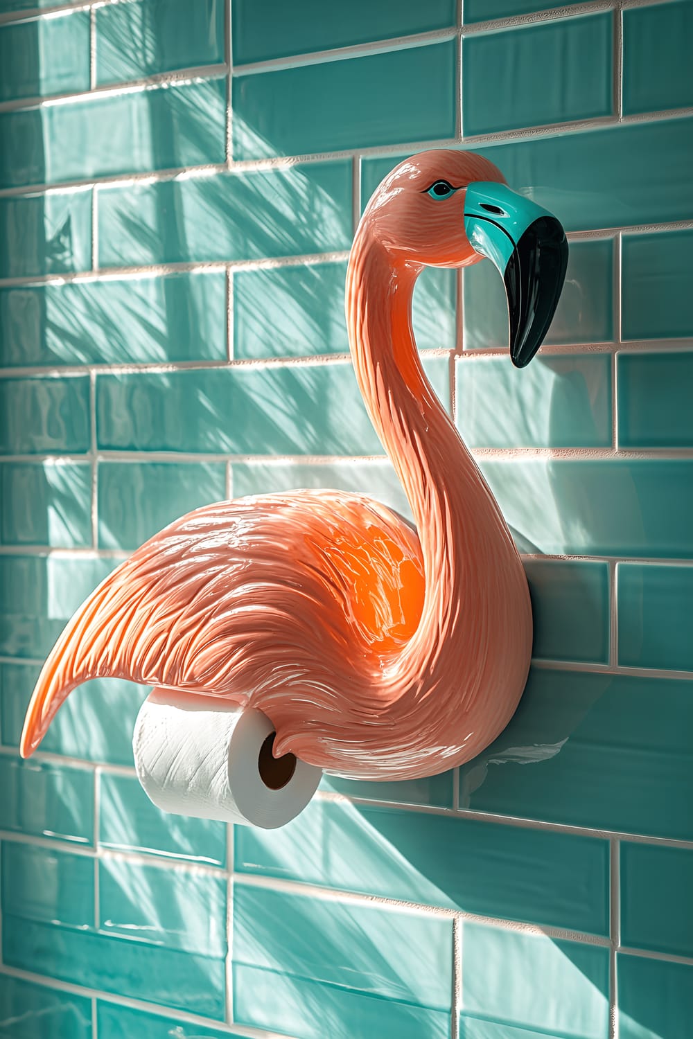 A vibrant wall-mounted toilet paper holder, crafted in the shape of a whimsical pink flamingo with turquoise accents. It stands out against a bold teal-tiled bathroom wall bathed in soft, natural sunlight.