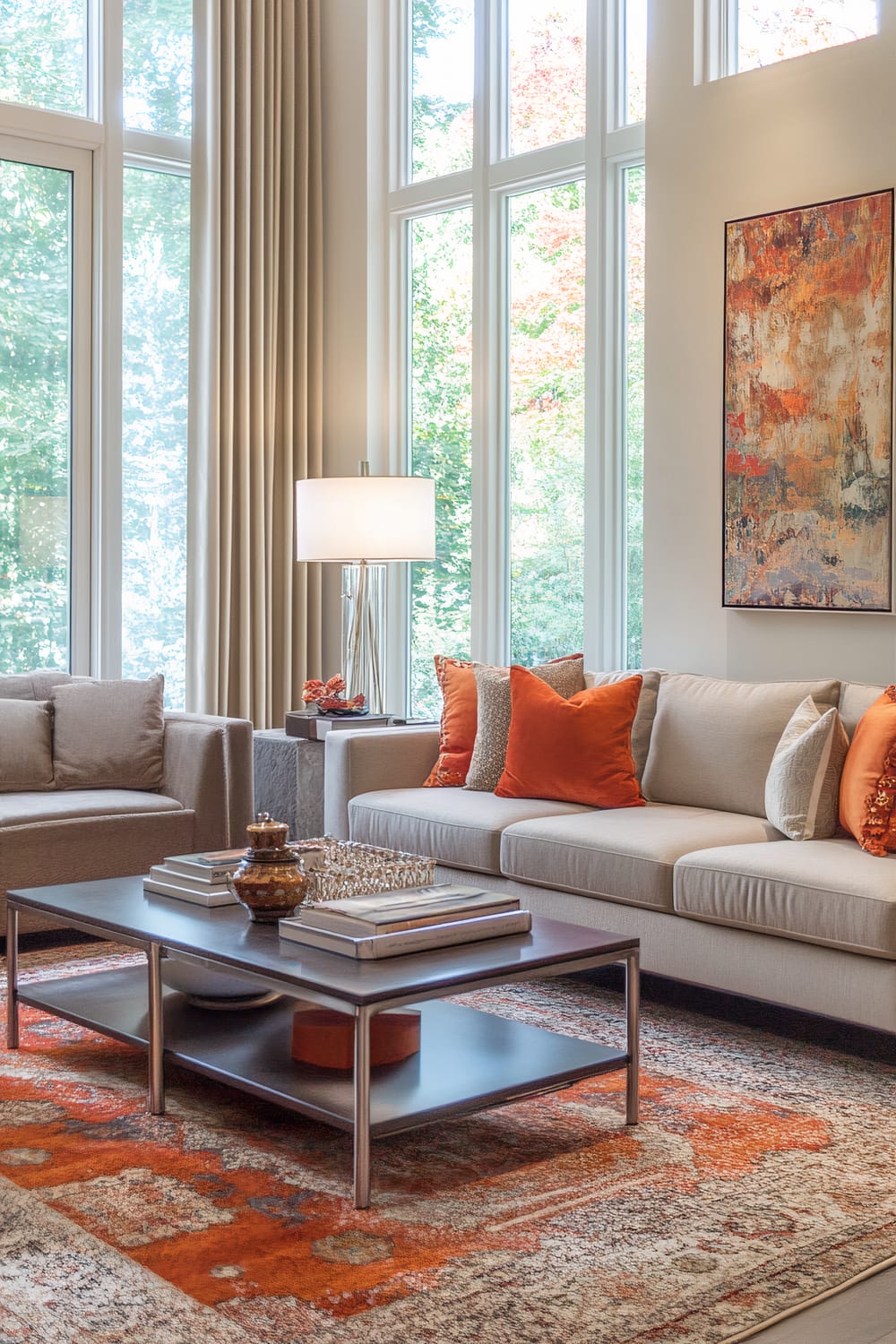 Spacious living room with large windows allowing plenty of natural light to enter. The room features two beige sofas adorned with orange and neutral-toned throw pillows. A dark, low-profile coffee table sits between the sofas, decorated with books and vases. An abstract painting with vibrant orange hues is mounted on the wall. The floor is covered with a patterned orange and beige rug, complementing the color scheme of the room. Floor-to-ceiling beige curtains frame the windows, and a modern table lamp with a white lampshade provides additional lighting.