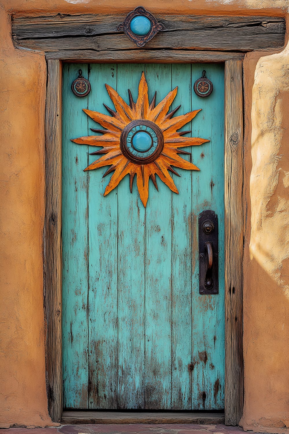 An aged wooden door painted turquoise is set within a textured adobe wall. The door features a vibrant orange sunburst decoration with a blue center, matching blue and orange circular ornaments hang on either side, while a weathered wooden frame encases the entryway. Two round decorative hangings complement the sunburst motif.