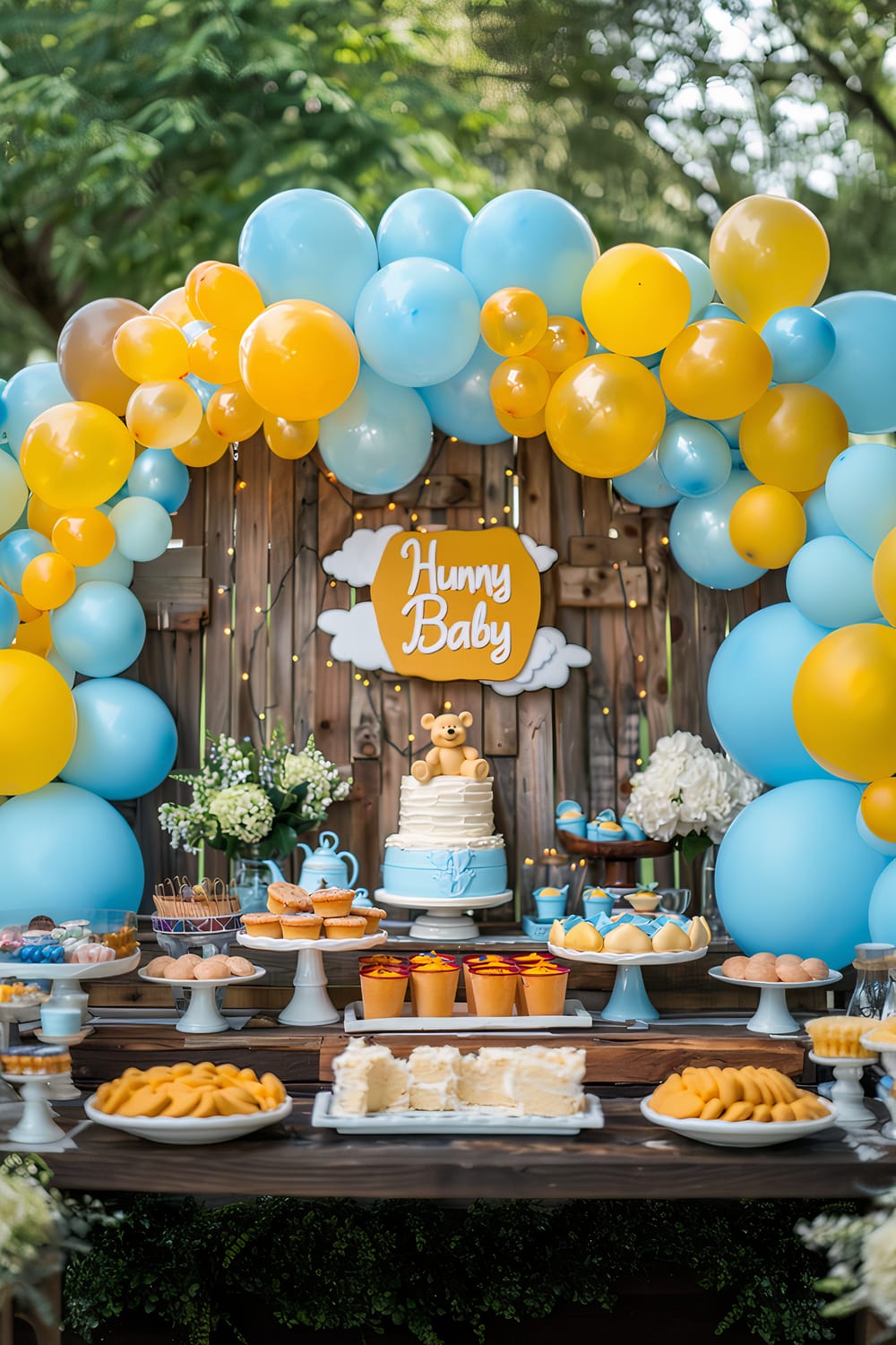 An outdoor baby shower setup features a variety of blue and yellow decorations. A wooden backdrop with string lights is adorned with a sign that reads "Hunny Baby." Blue and yellow balloons form an arch above the backdrop. The centerpiece is a tiered cake decorated with a small bear figure, flanked by flower arrangements. Various desserts and snacks, including muffins, cookies, and cakes, are displayed on white stands and trays on a wooden table.