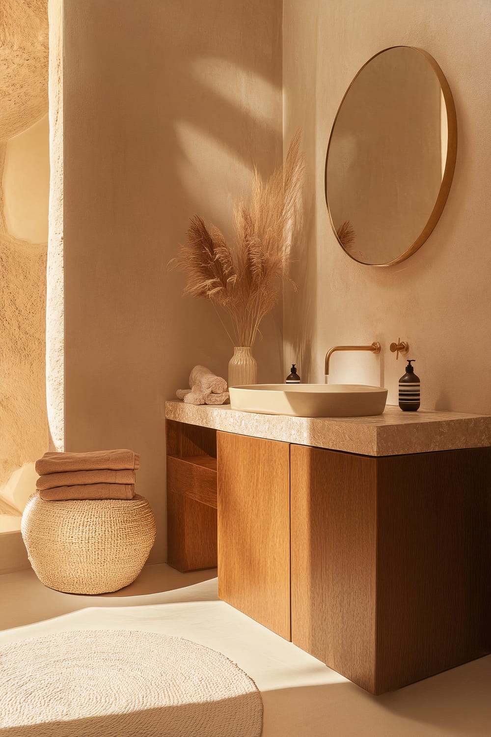 Bathroom with a minimalist design featuring natural, earthy tones. A round mirror with a gold frame hangs above a beige countertop with a modern, white vessel sink and a gold faucet. A beige vase with dried pampas grass sits on the countertop beside the sink. Below the counter, there is a wooden vanity with a natural finish. A woven, round basket with neatly folded beige towels is placed on the floor next to the vanity. The room is softly lit with sunlight filtering through, highlighting the textured walls.