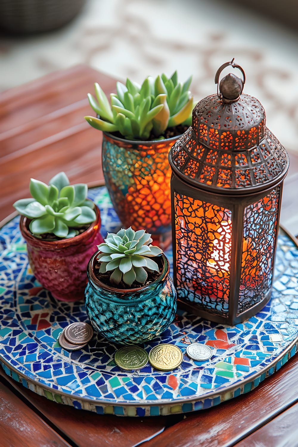 A vibrant Moroccan-inspired centerpiece located on the kitchen table, featuring ornate metal lanterns in shades of cobalt blue, emerald green, and ruby red all sitting atop a large mosaic plate with intricate patterns. Small succulents in decorative ceramic pots and Moroccan-inspired beads and coins are scattered around the lanterns to provide added texture. Warm, directional lighting enhances the rich colors and intricate designs, conjuring the mystique of Moroccan souks.