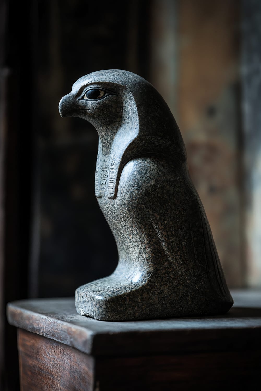 A close-up image of a handcrafted antique Egyptian Horus figurine, made from intricately carved granite. The figurine showcases Horus's falcon head and regal attire, symbolizing kingship and protection. It is positioned on a simple dark wood shelf against a dark, blurred background with soft ambient lighting highlighting the figurine's detailed craftsmanship and majestic presence.