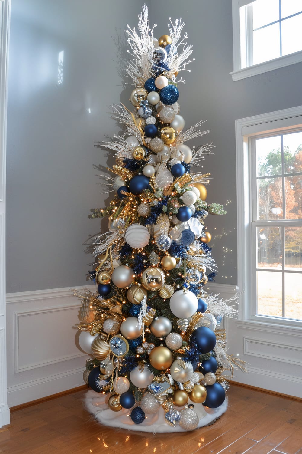 An elegantly decorated Christmas tree adorned with various ornaments in shades of gold, navy blue, white, and silver. The tree is placed in a tastefully designed room with light gray walls and large windows, allowing natural light to illuminate the space.