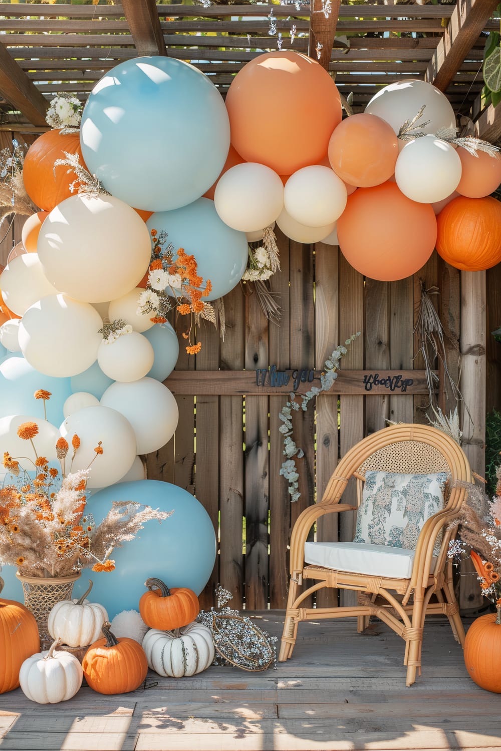 An outdoor setting decorated with large balloons in pastel blue, orange and creamy white. A rattan armchair with a floral cushion is placed on a wooden deck. Orange and white pumpkins, along with dried floral arrangements, accessorize the area. A wooden fence in the background has light floral vines and letters spelling out "I love you" and "forever."