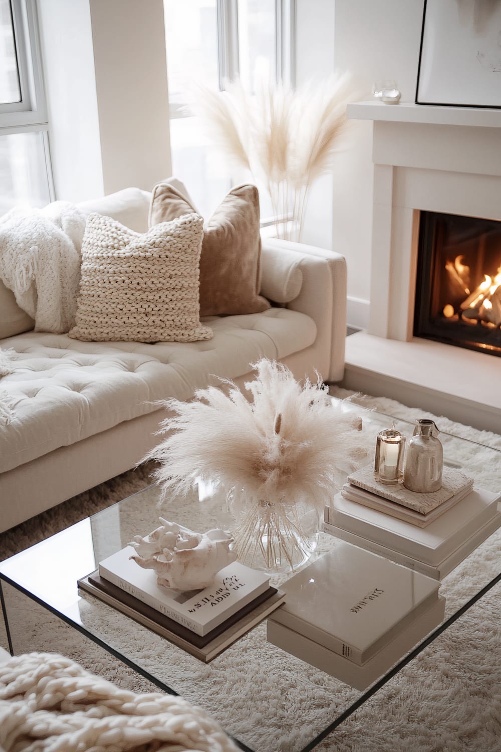 An inviting living room featuring neutral tones. The centerpiece is a tufted, soft cream sofa adorned with chunky knit and velvet pillows. A glass coffee table holds curated books, a sculptural decor piece, and a vase with pampas grass. A lit fireplace on the right adds a warm ambiance, complemented by large windows that allow natural light to flood the room.