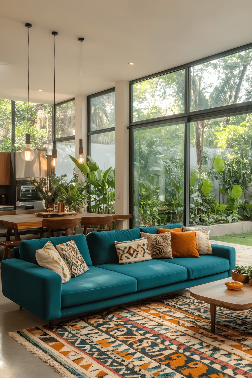 A spacious open plan living room featuring a large teal sectional sofa with multicolored pillows, a black coffee table, a geometric patterned area rug covering the wooden floor, above which hang industrial-style lighting fixtures. Across the room, expansive glass doors reveal a lush, calm garden view. The walls are painted in a clean, bright white, complementing the boldness of the decor and furniture.