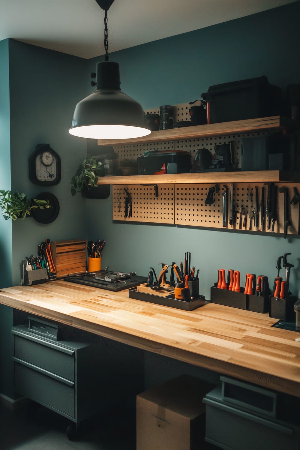 A DIY project area in a room, featuring a wooden workbench underneath a bright overhead lamp. The workspace is very organized, with two DIY toolkits neatly arranged on the wooden bench. The walls are light blue, contrasting with the wooden and dark metal elements. Tools are neatly hung on pegboards above the bench, and the area is equipped with various storage options, including drawers and shelves. There is a clock and some small plants adding a touch of decor.