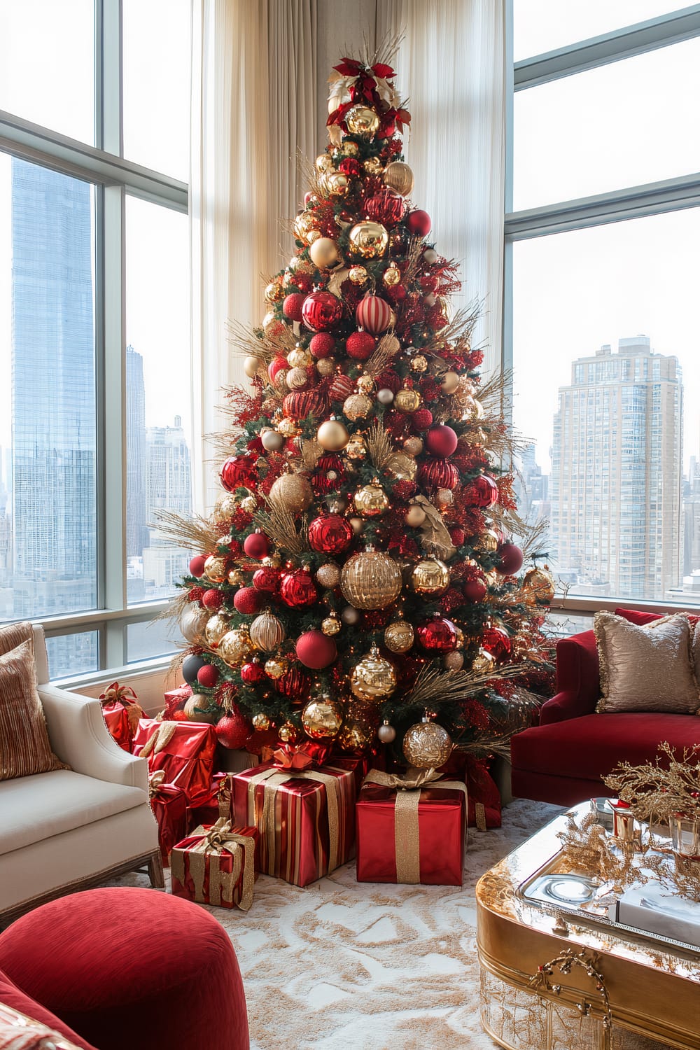 Luxurious living room during Christmastime featuring a grand Christmas tree adorned with red and gold ornaments. Presents wrapped in matching red and gold paper are placed under the tree. The room has large floor-to-ceiling windows offering a view of city skyscrapers. Elegant furniture including a red plush armchair, white sofa, and a gold-trimmed coffee table add to the festive atmosphere.