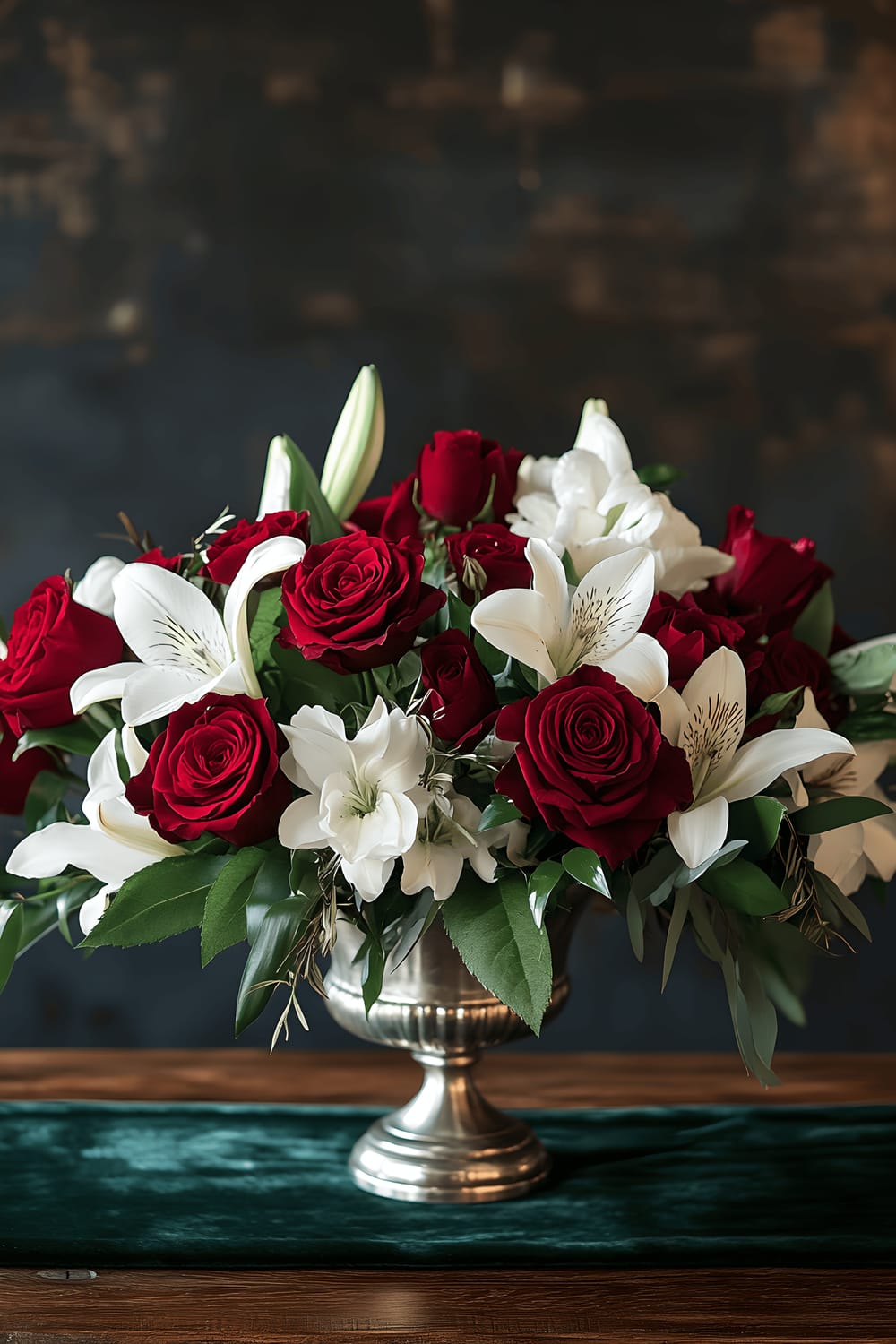 A sophisticated dining room showcasing a centerpiece on a rectangular reclaimed wood table. The focus is on a mixed media floral arrangement of vibrant oxblood red roses and pristine white lilies set in a pewter vase. This sits on a deep green velvet table runner. The table is against a backdrop of dark slate walls with minimal decor accentuated by ambient lighting contrasting the dramatic and elegant living space.