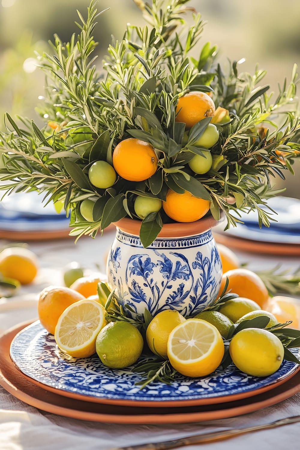 A bright and inviting Mediterranean-inspired centerpiece on a kitchen table featuring a large olive branch artistically arranged in a terracotta pot. Surrounding the pot are scattered citrus fruits like lemons, limes, and oranges, along with sprigs of aromatic herbs like rosemary and thyme. The arrangement is set on a striking blue and white hand-painted mosaic plate, highly contrasting against the subtle sandy-colored tablecloth. Sunlight streaming in from nearby windows heightens the radiant colors and freshness of the scene.