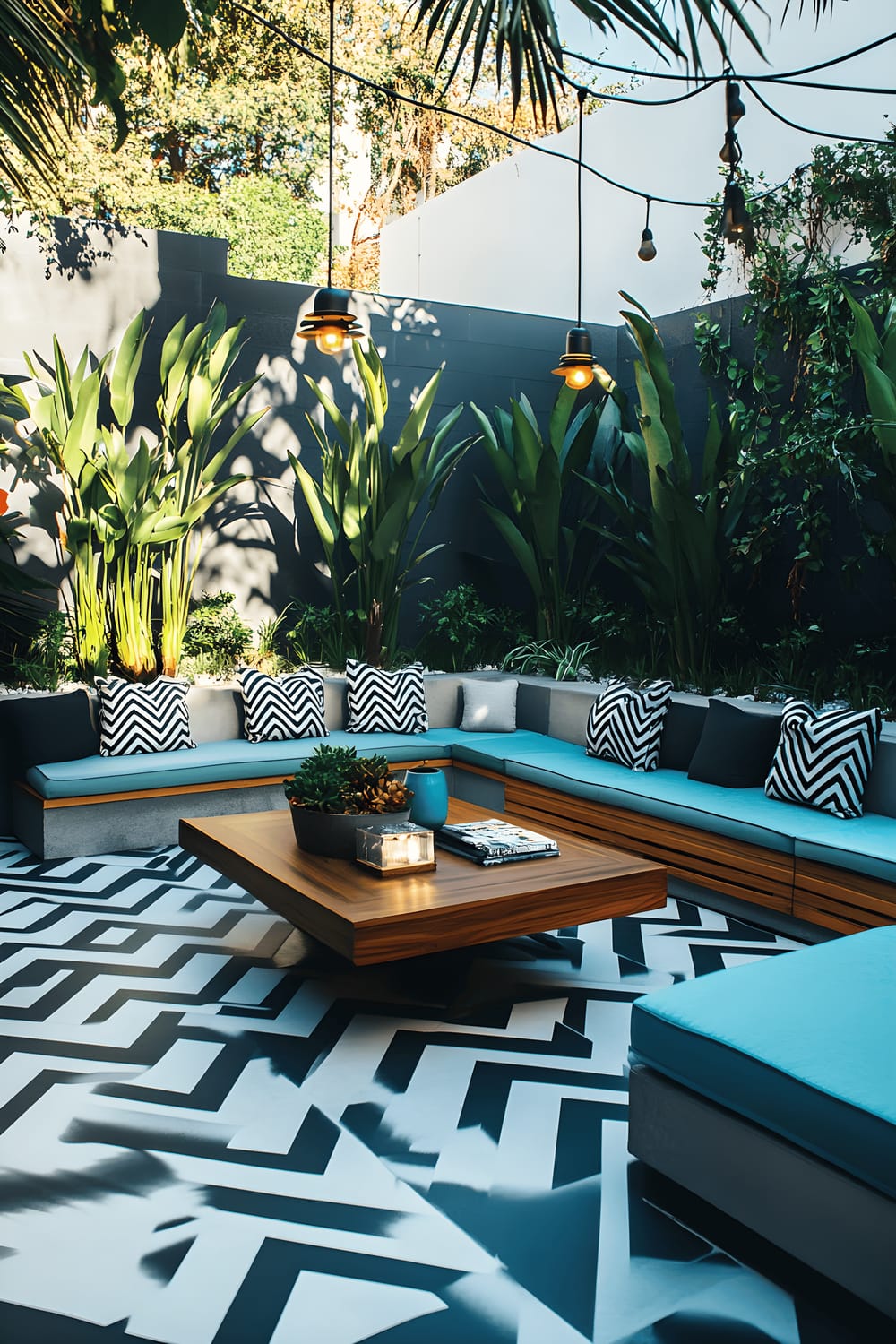 An outdoor patio space featuring a striking black and white zigzag patterned flooring. The seating arrangement includes a low teak coffee table surrounded by cube-shaped stools in various shades of teal and gray. Scattered around the setup are minimalist planters home to snake plants and sago palms. Overhead, strategic lighting casts intriguing shadows onto the setup.