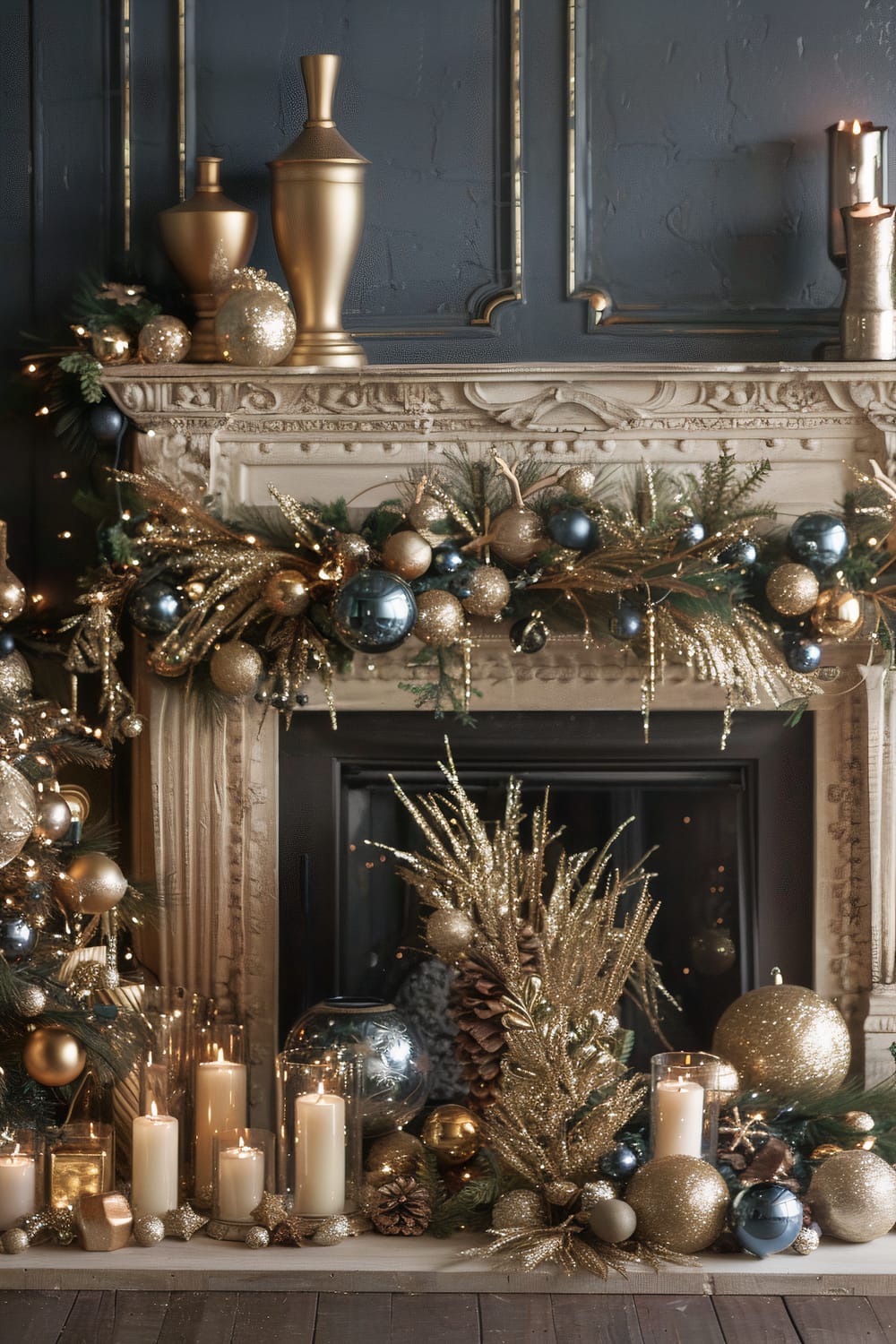 An elegant fireplace adorned with an ornate garland featuring gold and blue ornaments, pine cones, and glittering sprigs. The mantel displays metallic vases and candles, while the hearth is decorated with candles, gold ornaments, and festive foliage.