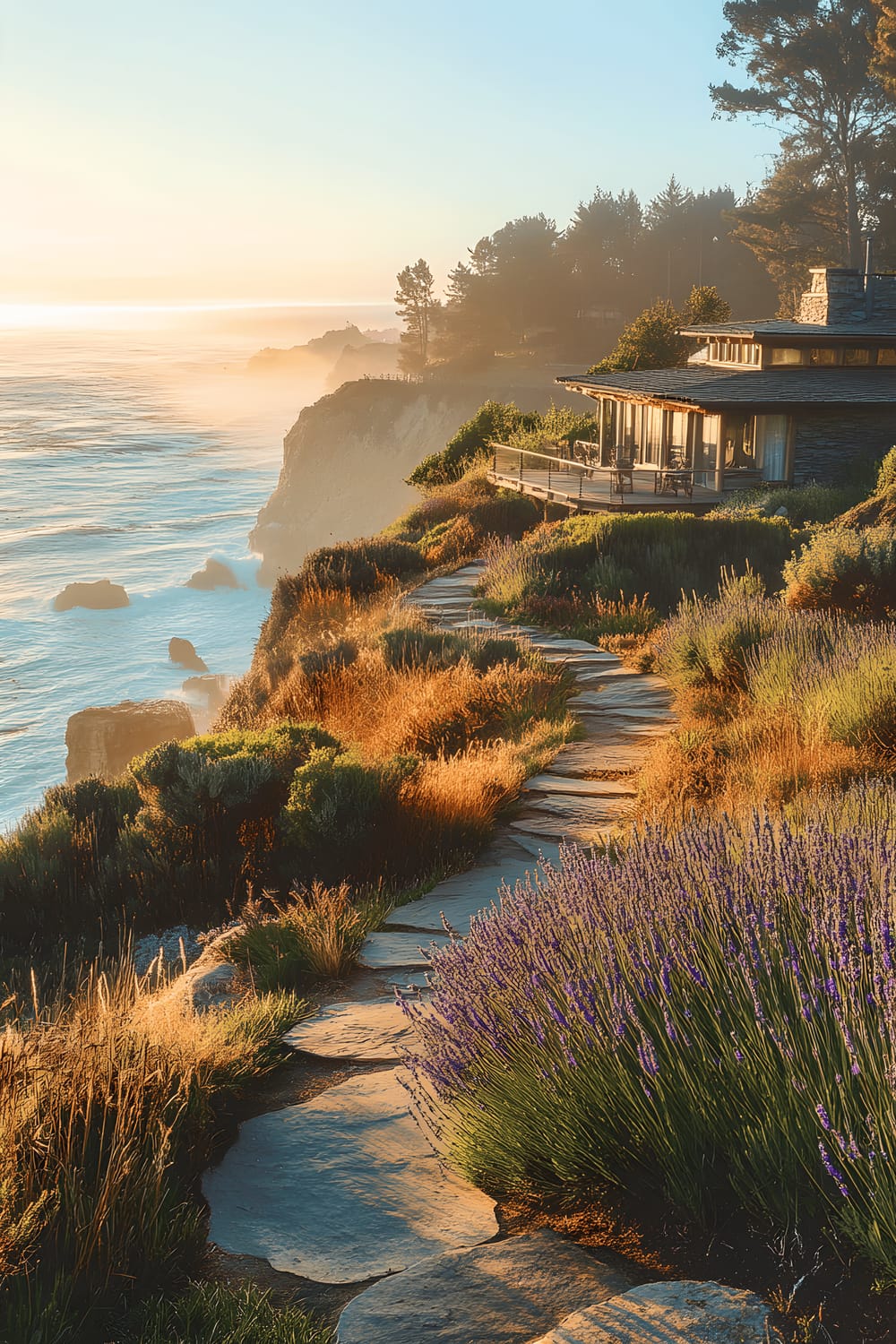 A rugged cliffside home standing amidst a windswept garden with driftwood pathways, beach grasses, and clusters of lavender. The golden sunlight casts a warm hue over the scene, reflecting beautifully off the deep blue waves of the ocean below.