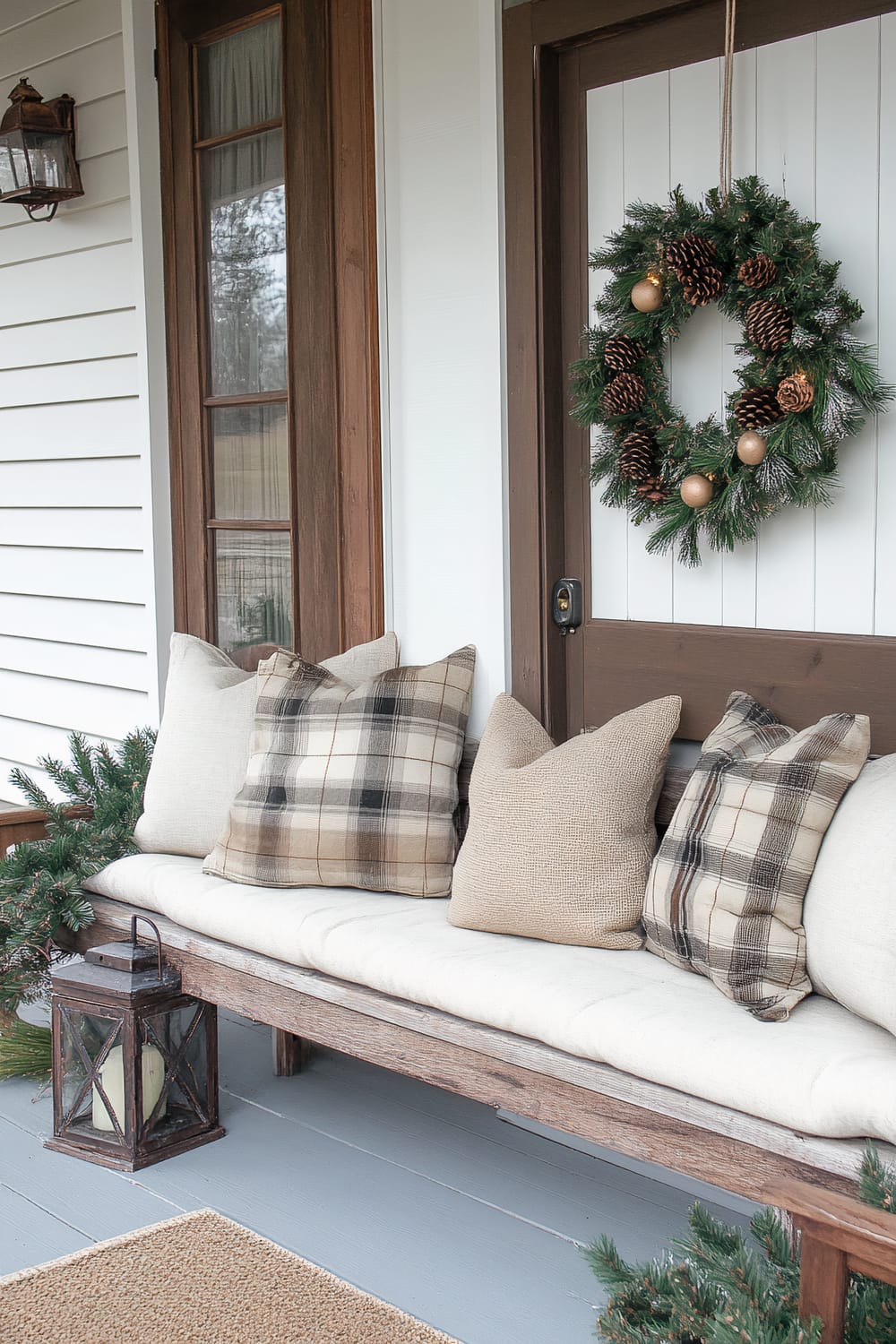 An outdoor porch decorated for winter with a rustic bench cushioned in off-white. The bench features a mix of beige and plaid patterned pillows. A festive wreath with pinecones and golden ornaments hangs on the adjacent wooden door. The porch has wooden elements and a lantern with a candle sits on the floor.