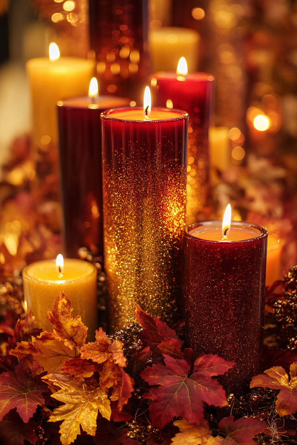 A collection of glowing candles in rich autumnal hues of red and yellow, surrounded by an arrangement of vibrant artificial autumn leaves. The candles have a glittery finish, adding a sparkling touch to the warm and cozy scene.