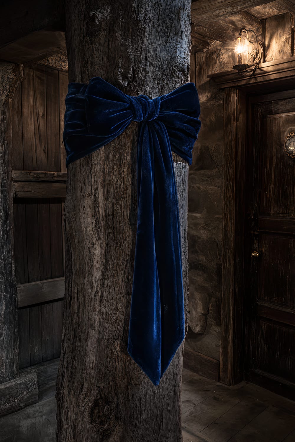 A rustic wooden post wrapped in a deep blue velvet bow stands against a backdrop of dark, aged wood and stone walls. An ornate, vintage-style lantern emits a warm glow, adding a touch of sophistication to the otherwise rugged setting.