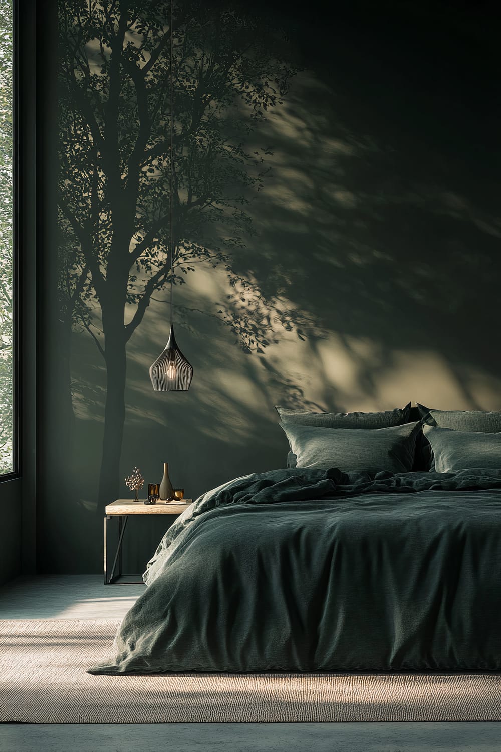 A contemporary bedroom features shadowy tree silhouettes as wall art. The room has a deep forest green and black color palette, with strategic lighting creating long shadows across the minimalist furnishings. The bed is adorned with green bedding, and a pendant light hangs above a simple wooden side table decorated with small items.