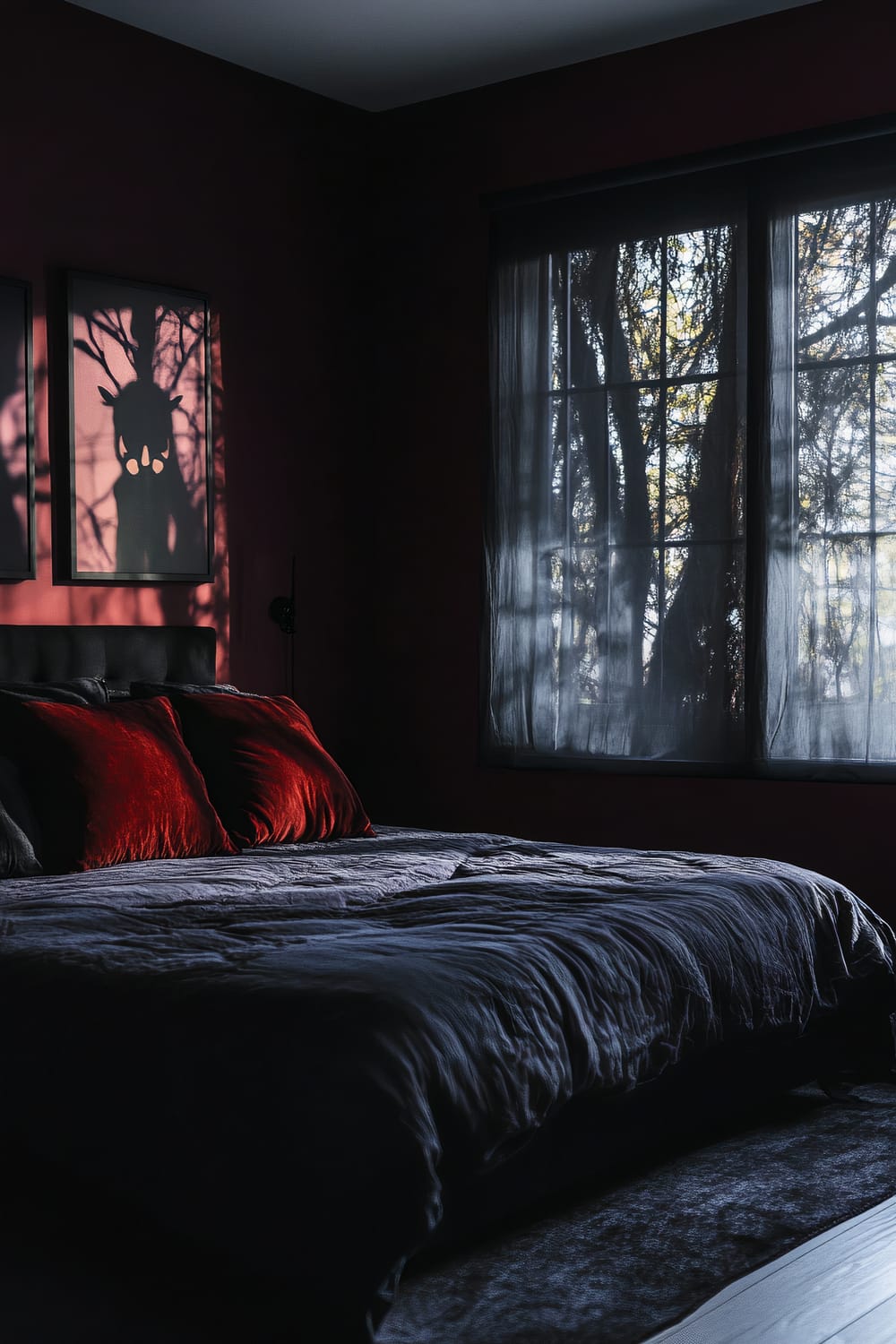 A stylish bedroom designed for Halloween, featuring window art that casts shadow puppets against deep burgundy and charcoal walls. The bed has dark bedding and is adorned with deep red pillows. Large windows with sheer black curtains allow dappled light to enter, creating a dynamic shadow effect.