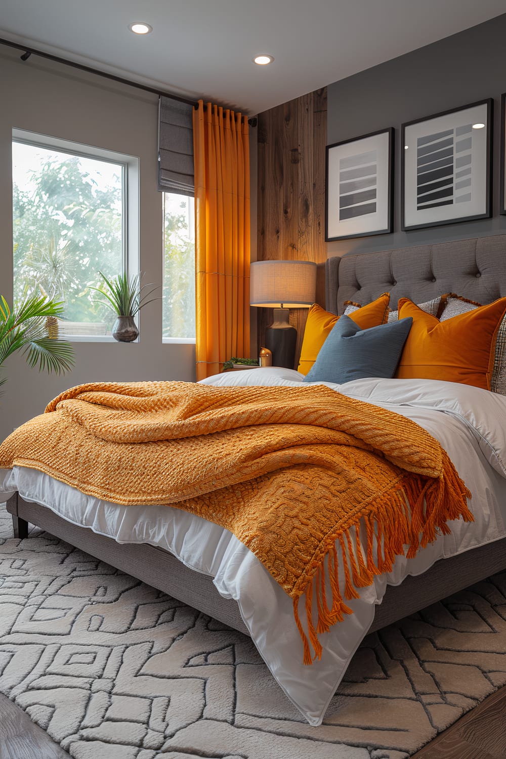 A modern bedroom featuring a stylish bed with a tufted headboard. The bed is adorned with orange pillows and a textured orange throw blanket. Next to the bed is a nightstand with a lamp. The backdrop includes a gray accent wall with wooden paneling and two framed abstract art pieces. Orange curtains and a window with greenery outside bring in natural light. A patterned area rug adds a cozy touch to the room.