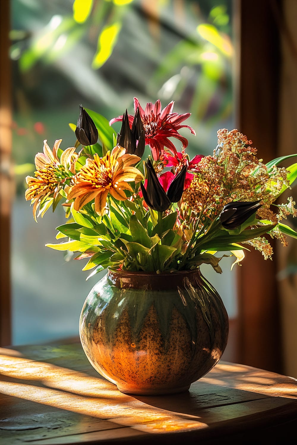 Sunlit bouquet of various flowers with yellow, red, and dark petals in a textured ceramic vase on a wooden table.