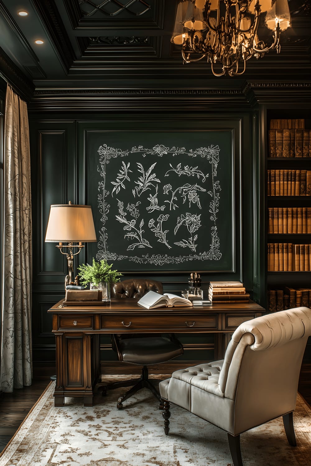 The image displays a sophisticated Victorian-style study with dark green chalkboard walls adorned with meticulous chalk calligraphy and vintage botanical illustrations. A polished mahogany desk covered with classic leather-bound books is present in the room, sided by a plush tufted armchair. The room's character is further enhanced by ornate off-white ceiling moldings and brass lamps that exude an antique charm. A chandelier hangs from the ceiling, casting a soft, diffused light on the remarkable chalk artistry, creating an atmosphere of erudite wisdom and timeless elegance.