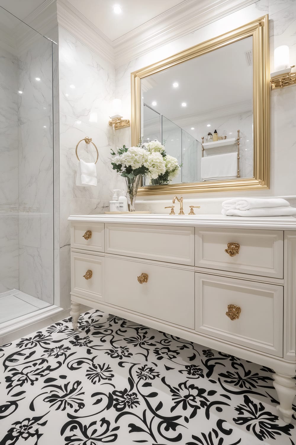 An elegant bathroom featuring a white vanity with gold accents, a large gold-framed mirror, and a vase of fresh white flowers. The room has white marble walls with subtle gray veining, complemented by black and white floral patterned floor tiles. A glass-enclosed shower is visible to the left, and soft lighting illuminates the space, creating a luxurious and sophisticated atmosphere.