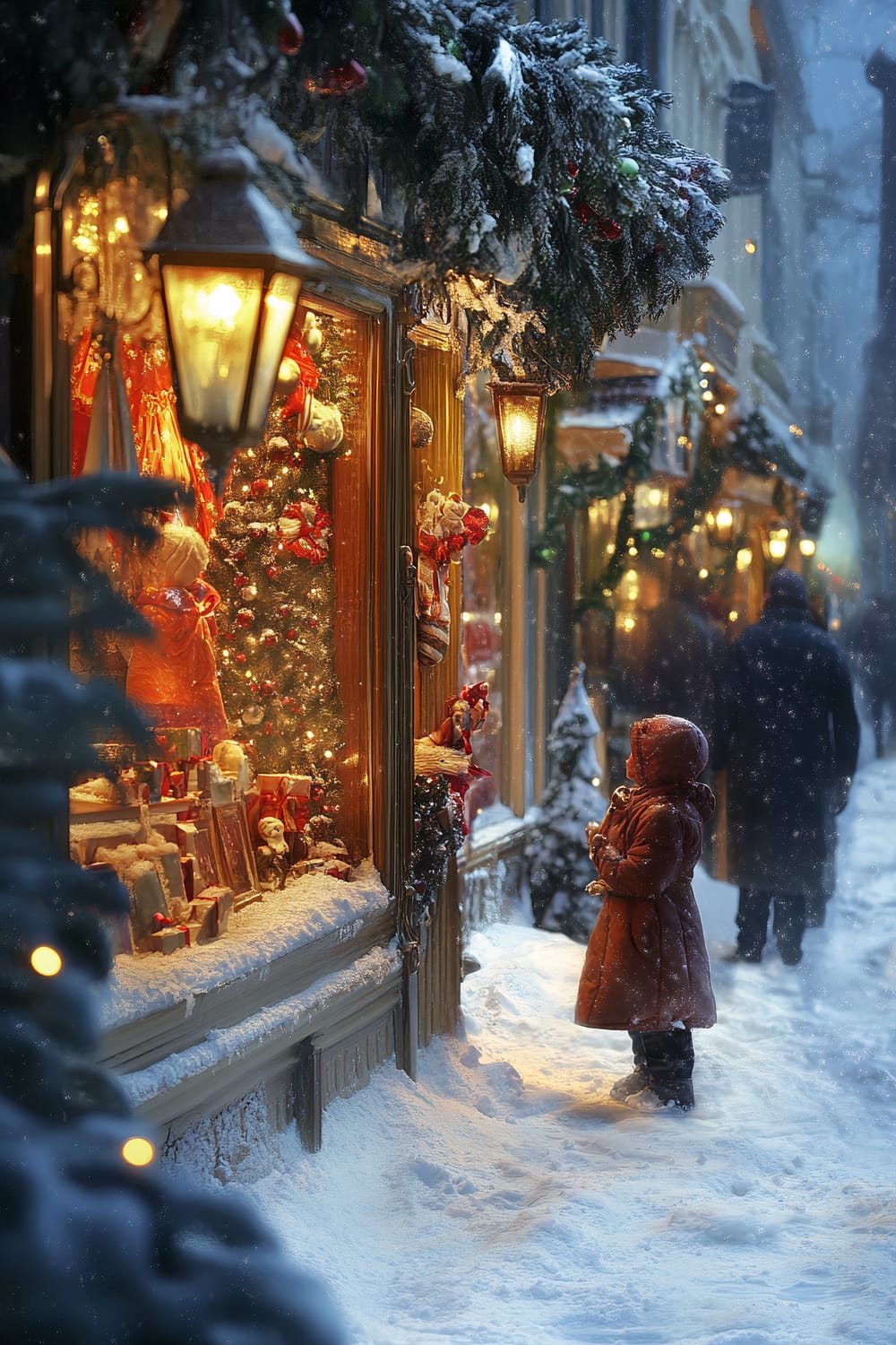 A snowy street scene showcases a child in a red coat gazing at a Christmas-themed shop window adorned with festive decorations and lights, exuding warmth and holiday spirit. The shopfronts are covered with snow and adorned with greenery and ornaments, and vintage street lamps cast a soft glow. People walk along the snow-covered street in the background, adding a sense of nostalgia and winter charm to the setting.