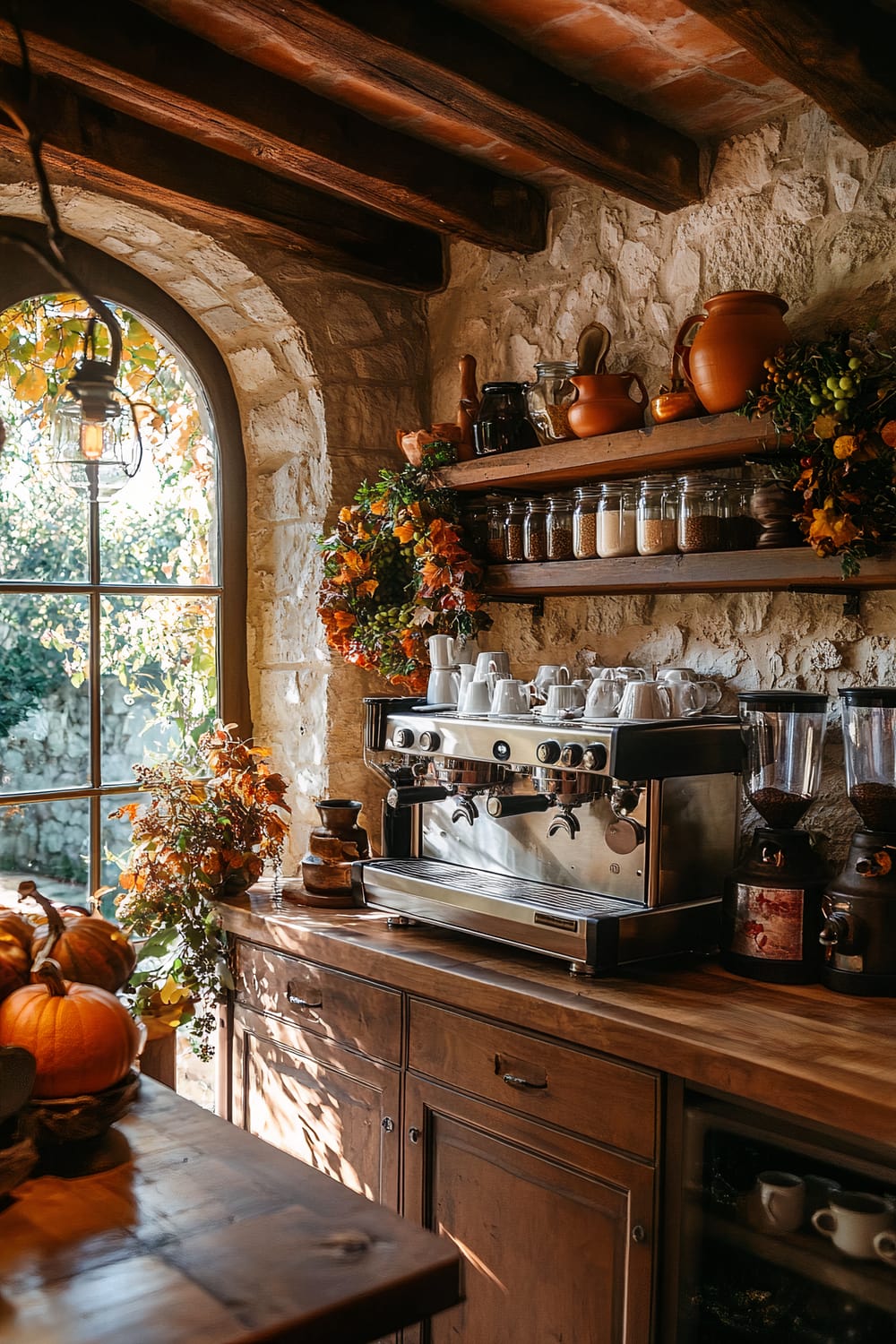 A rustic kitchen featuring a stone wall and wooden beam ceiling. A large espresso machine sits on a wooden counter beneath a shelf lined with glass jars filled with grains and spices, and ceramic pots. Autumnal decor, including pumpkins and foliage, is placed around the room. Sunlight filters through a large arched window, casting a warm glow.