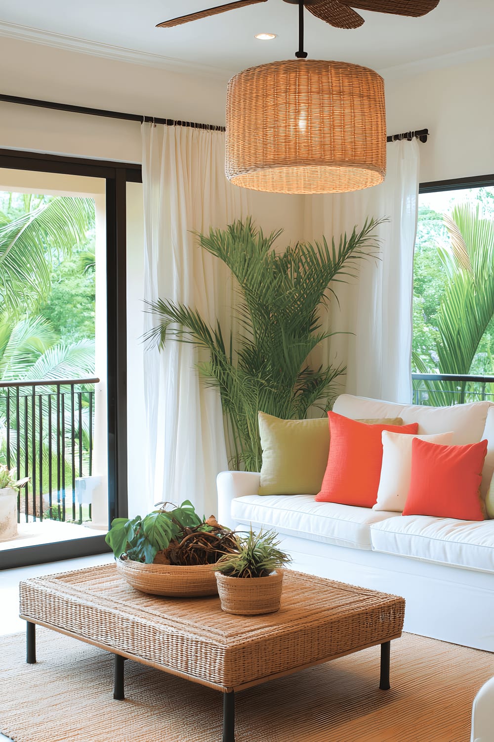 A bright and airy small living room inspired by Rio de Janeiro’s tropical vibe. The room features a lightweight white sofa decorated with colorful throw pillows, a minimalist bamboo coffee table adorned with tropical plants in ceramic pots. Large sliding glass doors open to a balcony, letting in ample natural light, and a modern pendant light with a natural fiber shade hangs from the ceiling. The main color scheme includes crisp whites, vibrant greens, and bright coral accents.