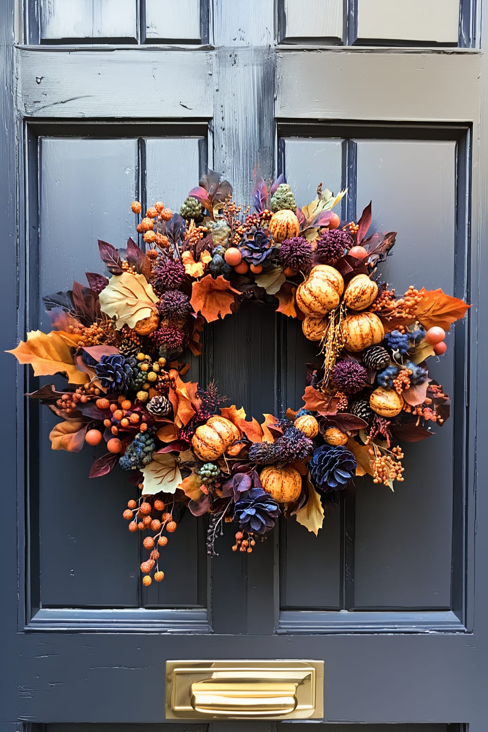 An elegant autumn wreath hangs on a dark blue, paneled door. The wreath is adorned with a rich assortment of fall decor including small pumpkins, pinecones, berries, and a variety of colorful autumn leaves in shades of orange, yellow, burgundy, and deep purple. The composition of elements creates a symmetrically balanced and visually captivating focal point. A brass letterbox is mounted on the door below the wreath.