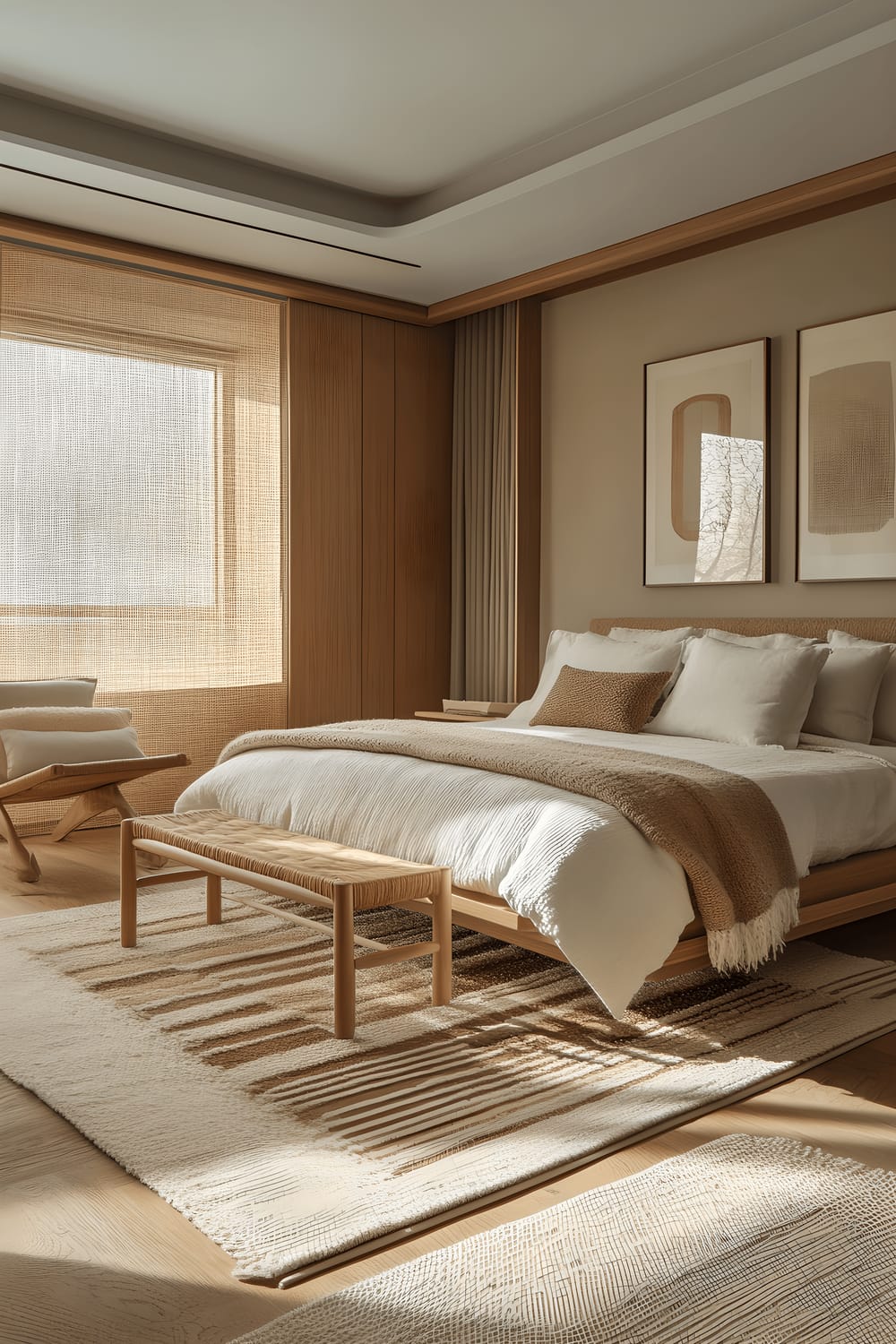 A bedroom in Seoul, South Korea, showcasing a perfect blend of a variety of textures and materials. The room features a soft plush wool rug in soft grey on the wooden floor, a minimalist wooden bed with seamless white linens, and sleek wooden side tables. Woven textiles in earthy tones are spread across the bed creating a contrast. Glossy metal accents in form of round bedside lamp and handles of the wooden cabinet against the wall add a modern touch. Large windows let in abundant natural light, illuminating the harmonious color palette of soft neutrals and earthy tones. The overall environment of the room communicates serenity and warmth.