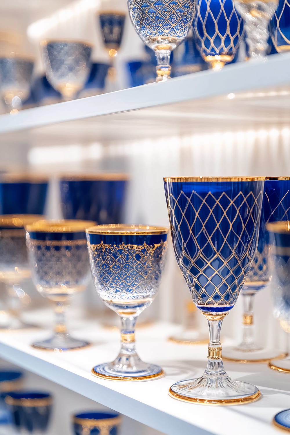 A close-up view of white kitchen shelves displaying an array of blue and gold festive glassware. Each glass is intricately adorned with blue patterns and gold rims, illuminated by spotlighting, which creates sparkling reflections and deep shadows. The white background highlights the vibrant blue and gold colors of the glassware, creating an elegant and luxurious display.